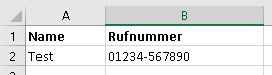 Tabelle mit Name und Rufnummer für die CSV-Datei