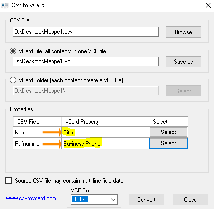 Export als VCF-Datei mit dem vCard-Konverter