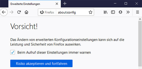Warnmeldung vor Fehlkonfigurationen in Firefox