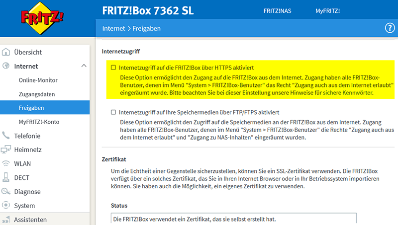Internetzugriff auf die FritzBox-Benutzeroberfläche aktivieren