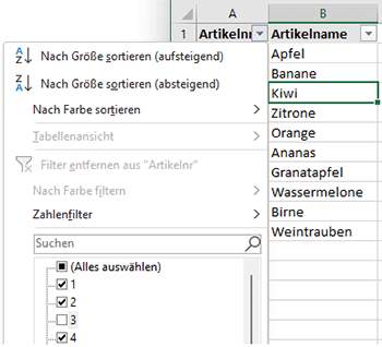 Filter in Excel-Tabelle konfigurieren