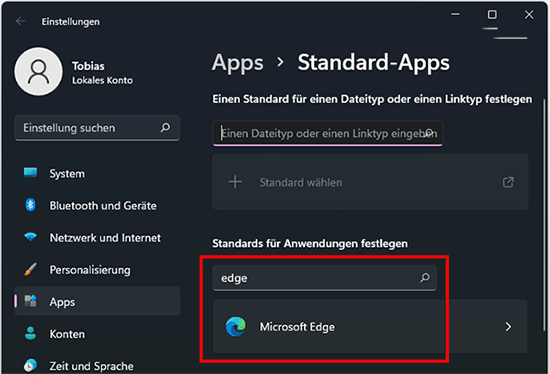 Nach Edge in den Standard-Apps suchen