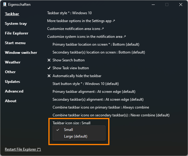 Eigenschaften der Taskbar mit ExplorerPatcher anpassen