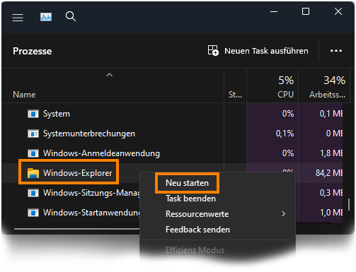 Windows Explorer über Task-Manager neu starten