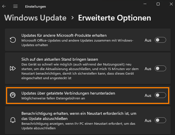 Windows Updates sind bei getakteten Verbindungen deaktiviert