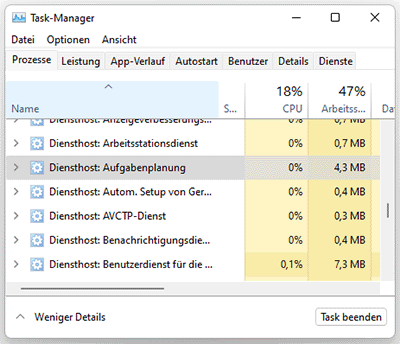Im Hintergrund ausgeführte Windows-Dienste im Task-Manager