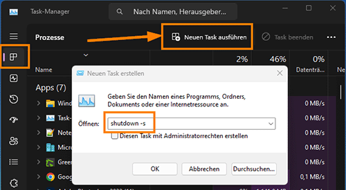 Windows 11 herunterfahren über den Task-Manager