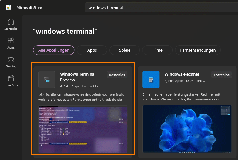 Windows Terminal unter Windows 10 aus dem Microsoft Store
